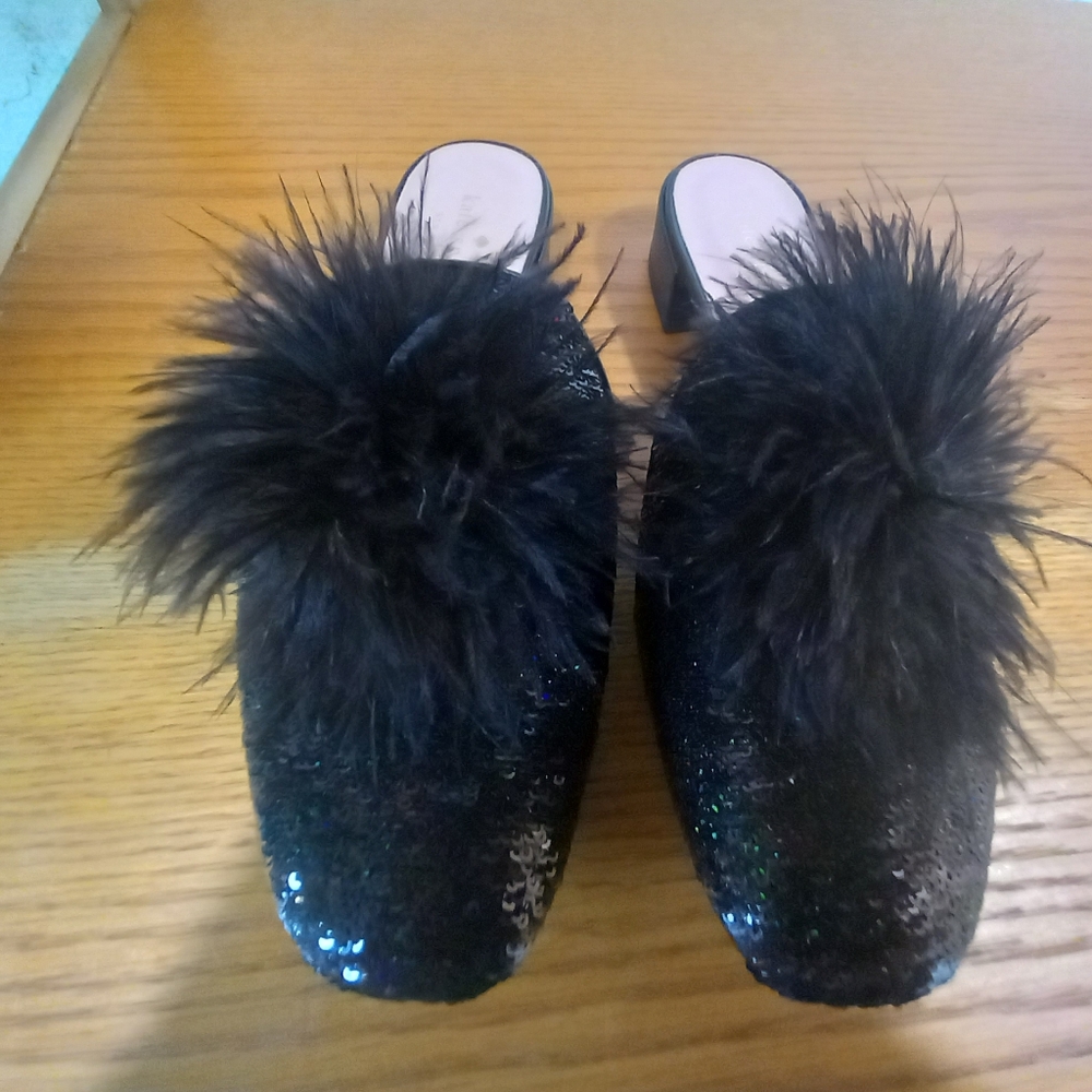 Kate Spade Gala Black Glitter Leather Mules Slides 7.5